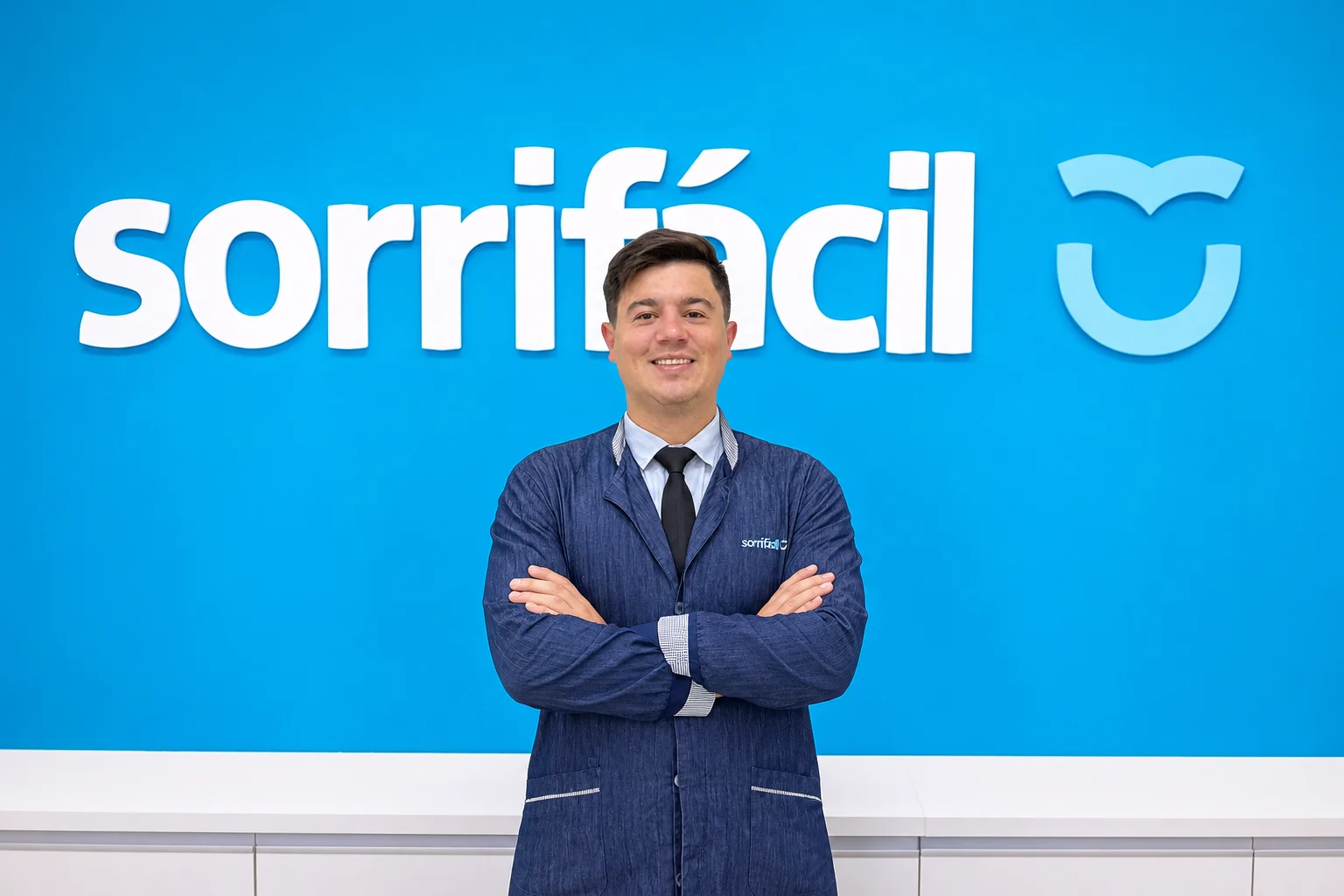 Dentista da Sorrifácil Jaguarão de braços cruzados, sorrindo, em frente ao painel azul com o logo da clínica